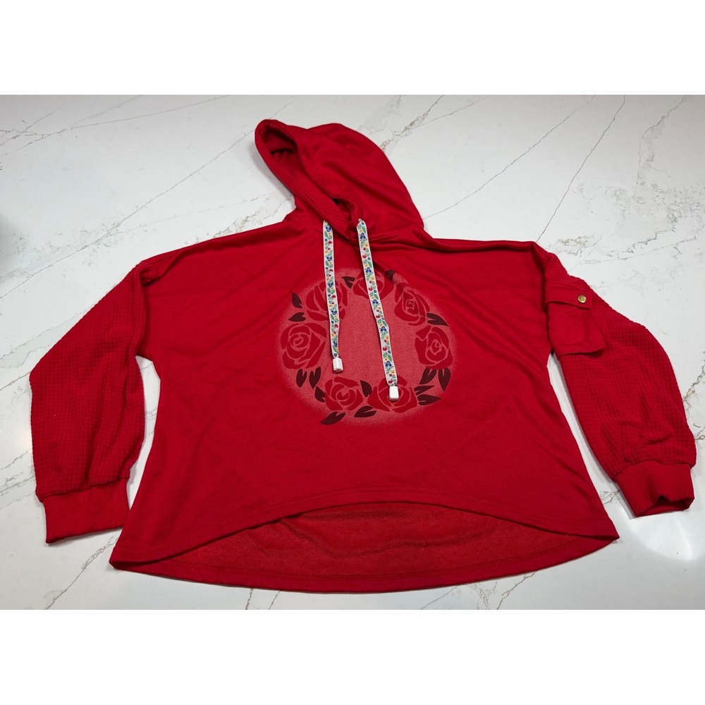 Red Rose Graphic Oversized Hoodie Waffle Knit Sleeve Pocket High-Low Hem Large